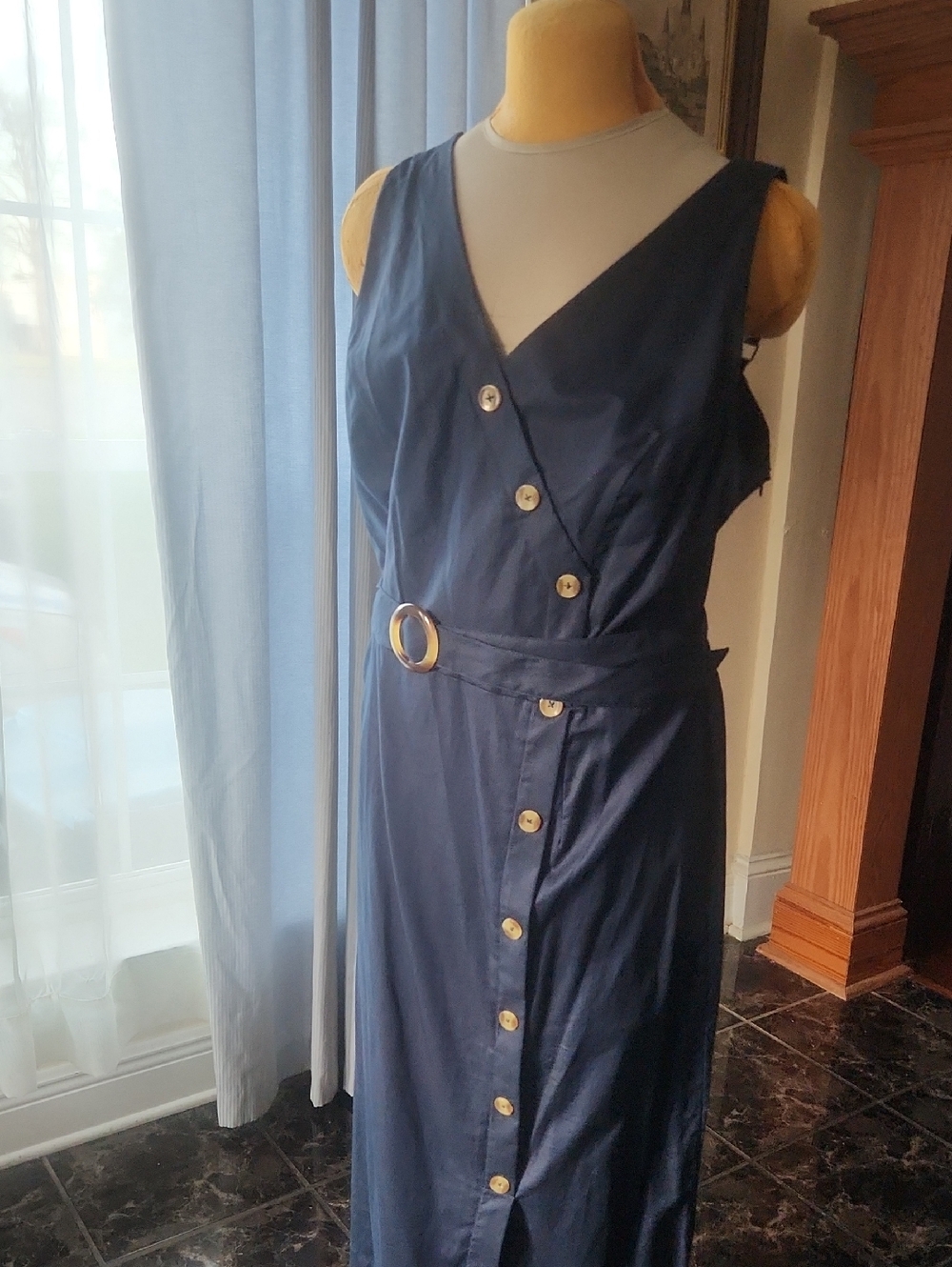 Time and Tru Navy Sleeveless Button-Front Midi Dress with Belt NWOT, Sz 16